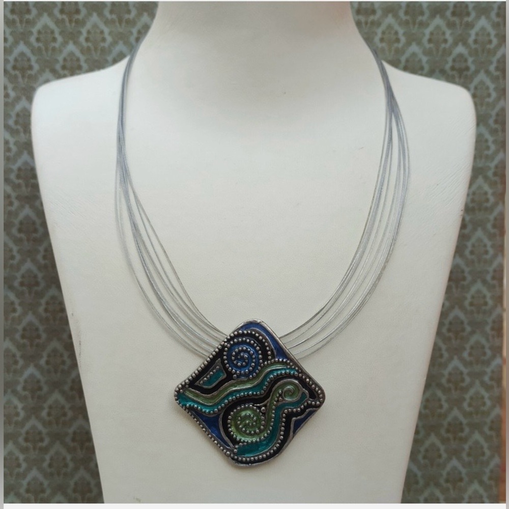 Chico's Vintage Blue and Green Abstract Enamel Art Multi Strand Necklace